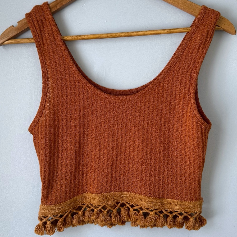 SHEIN Womens S Rust Waffle Knit Cropped Tank Tassel Fringe Boho Festival Hippie